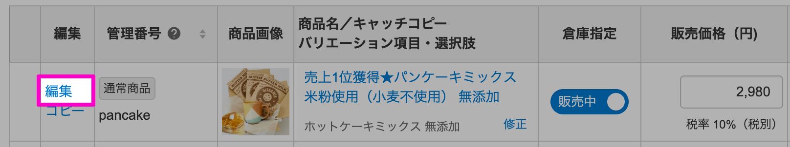 RMSで対象商品の「編集」をクリックする画面